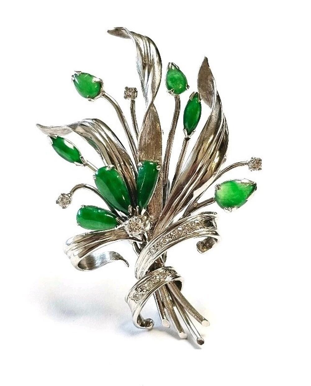 14K Jade Diamond Brooch Grade A Jadeite Jade Deep Green